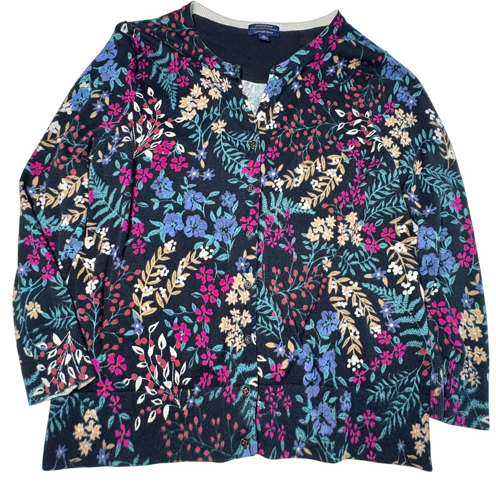 Lands End 1X Cardigan Floral Supima Cotton Button Front Sweater stretch Cottage